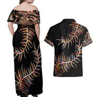 New Zealand Couples Matching Off Shoulder Maxi Dress and Hawaiian Shirt Aotearoa Silver Fern Mixed Papua Shell Red Vibe LT9 - Wonder Print Shop