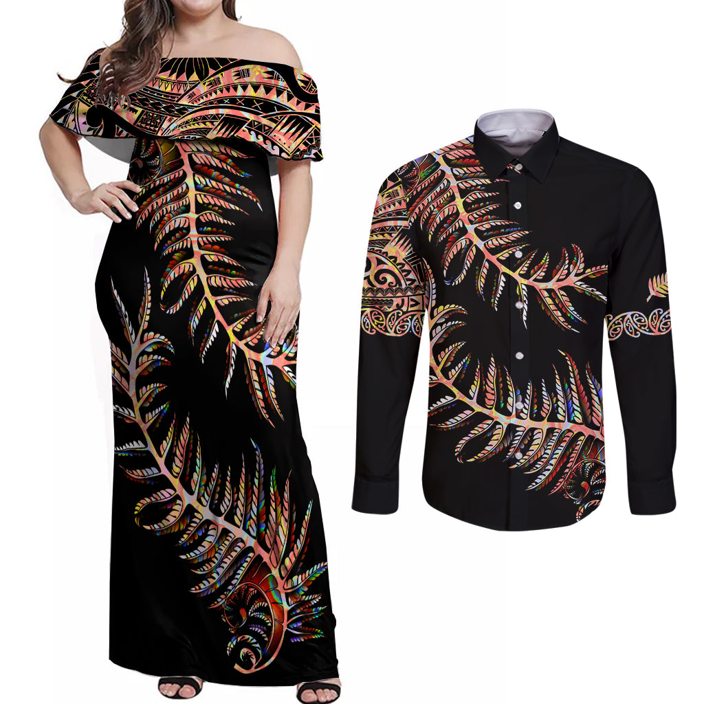 New Zealand Couples Matching Off Shoulder Maxi Dress and Long Sleeve Button Shirt Aotearoa Silver Fern Mixed Papua Shell Red Vibe LT9 - Wonder Print Shop