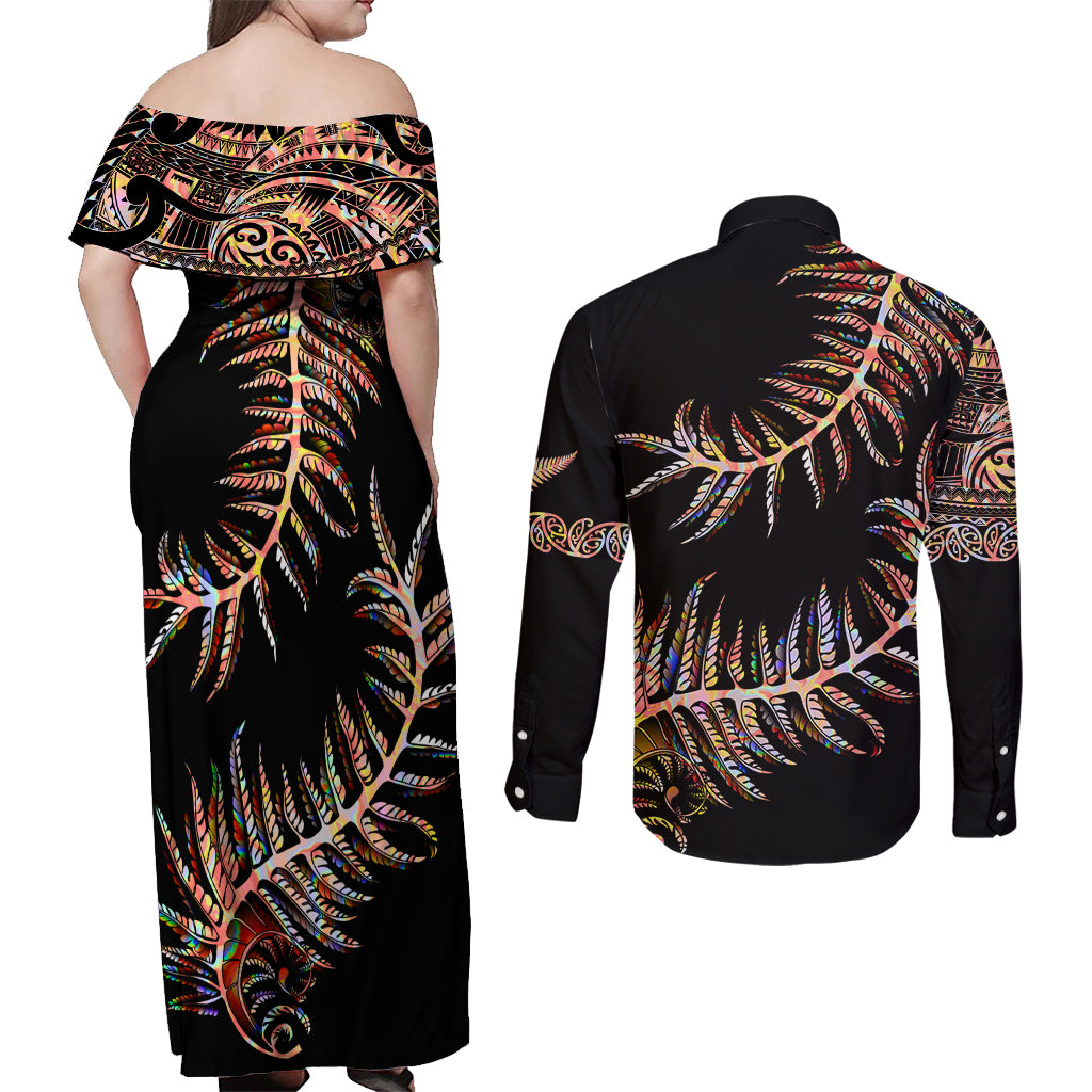 New Zealand Couples Matching Off Shoulder Maxi Dress and Long Sleeve Button Shirt Aotearoa Silver Fern Mixed Papua Shell Red Vibe LT9 - Wonder Print Shop