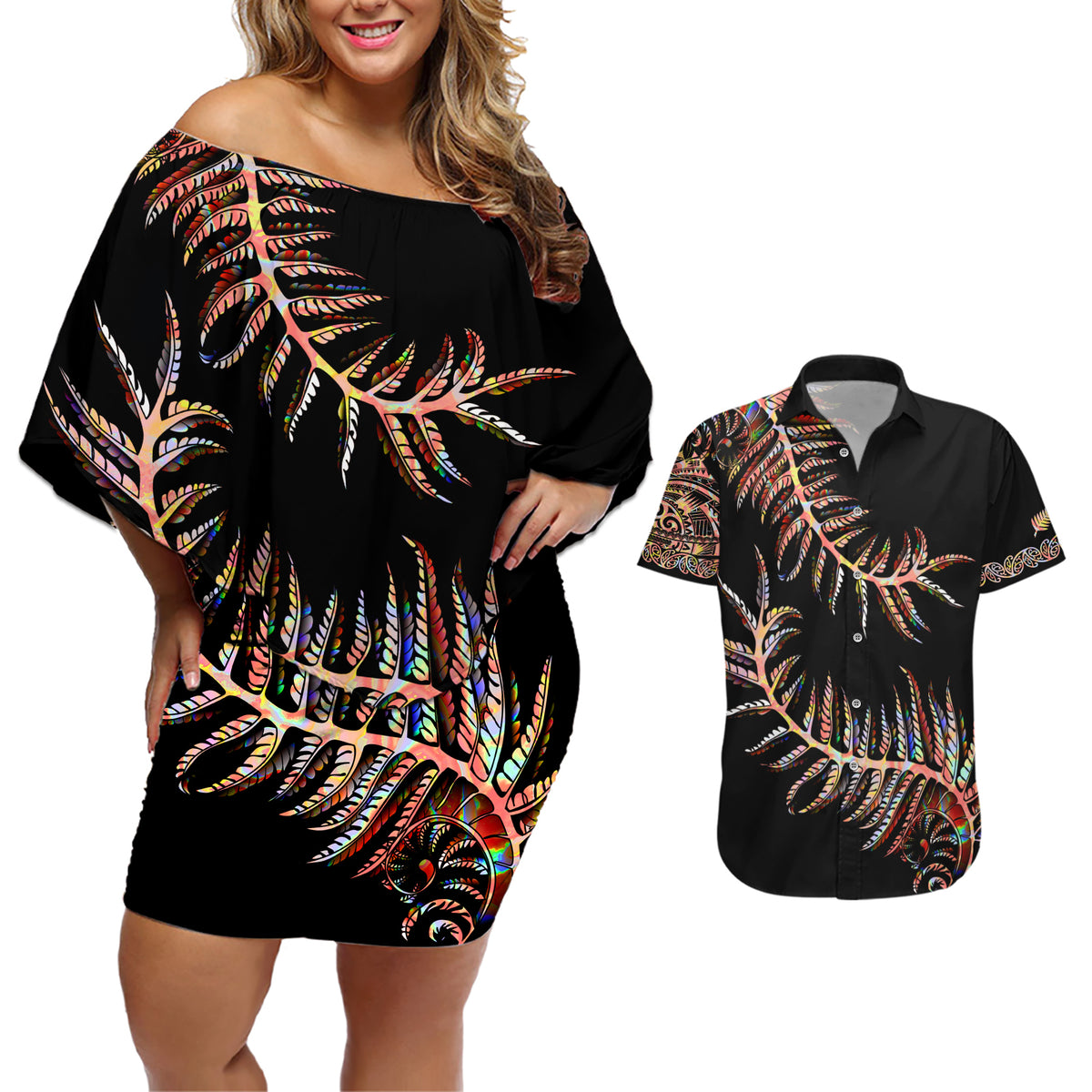 New Zealand Couples Matching Off Shoulder Short Dress and Hawaiian Shirt Aotearoa Silver Fern Mixed Papua Shell Red Vibe LT9 - Wonder Print Shop