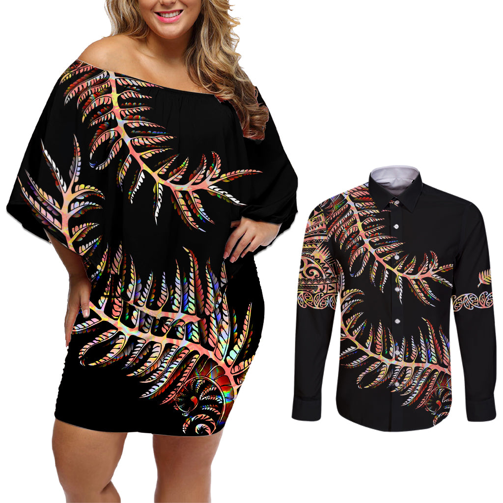 New Zealand Couples Matching Off Shoulder Short Dress and Long Sleeve Button Shirt Aotearoa Silver Fern Mixed Papua Shell Red Vibe LT9 - Wonder Print Shop