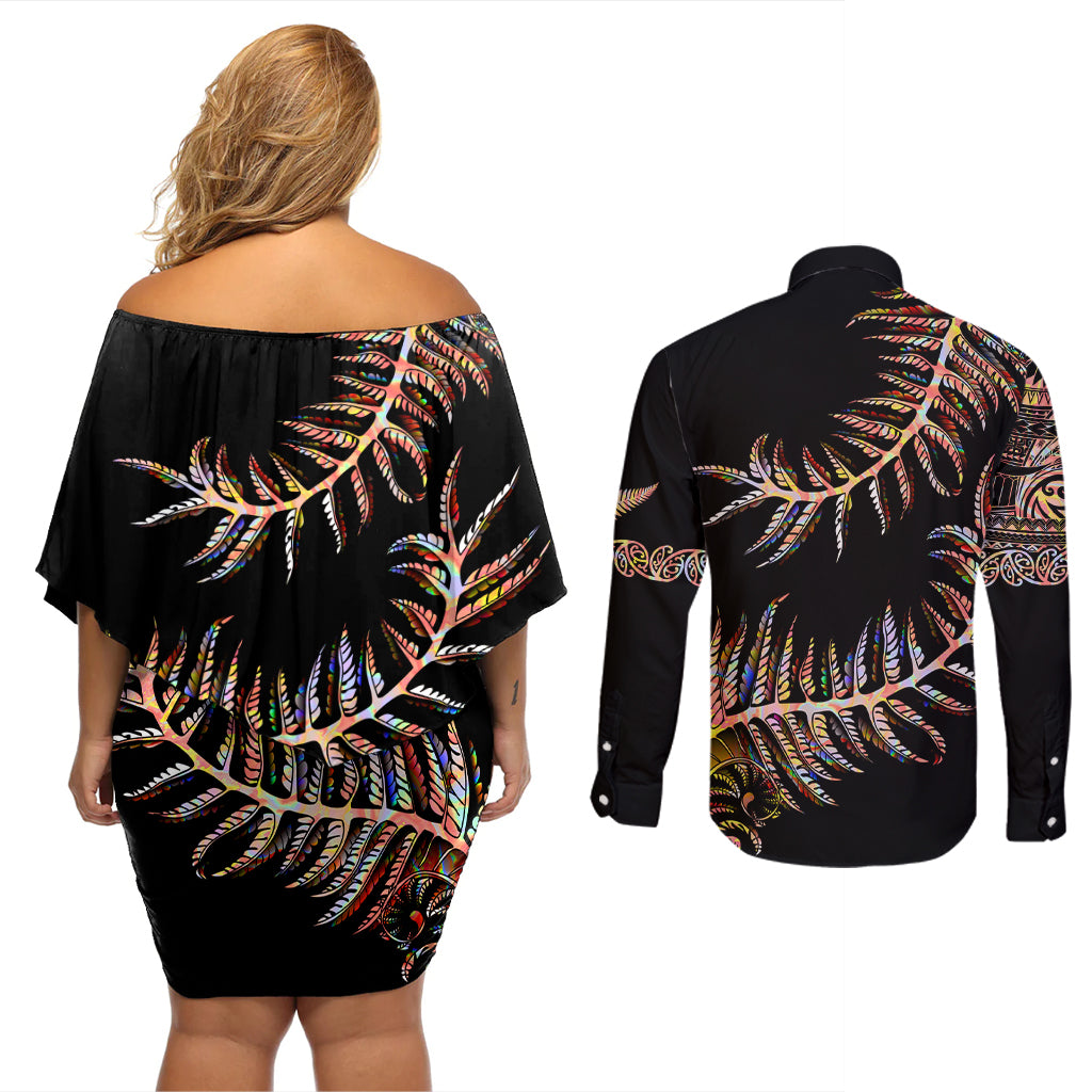 New Zealand Couples Matching Off Shoulder Short Dress and Long Sleeve Button Shirt Aotearoa Silver Fern Mixed Papua Shell Red Vibe LT9 - Wonder Print Shop