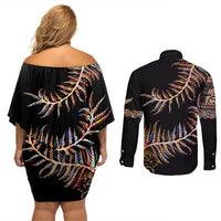 New Zealand Couples Matching Off Shoulder Short Dress and Long Sleeve Button Shirt Aotearoa Silver Fern Mixed Papua Shell Red Vibe LT9 - Wonder Print Shop