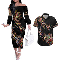 New Zealand Couples Matching Off The Shoulder Long Sleeve Dress and Hawaiian Shirt Aotearoa Silver Fern Mixed Papua Shell Red Vibe LT9 - Wonder Print Shop