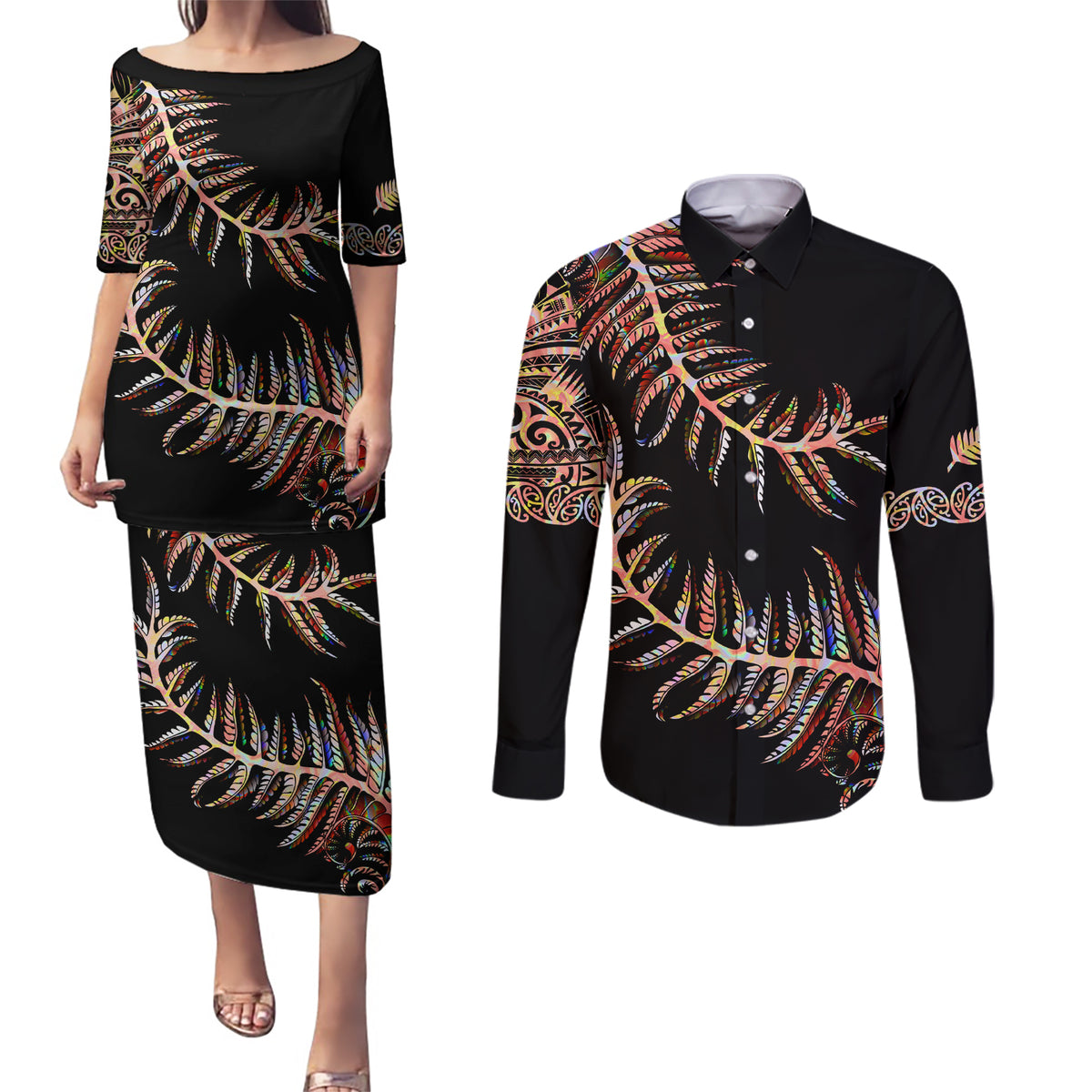 New Zealand Couples Matching Puletasi Dress and Long Sleeve Button Shirt Aotearoa Silver Fern Mixed Papua Shell Red Vibe LT9 - Wonder Print Shop