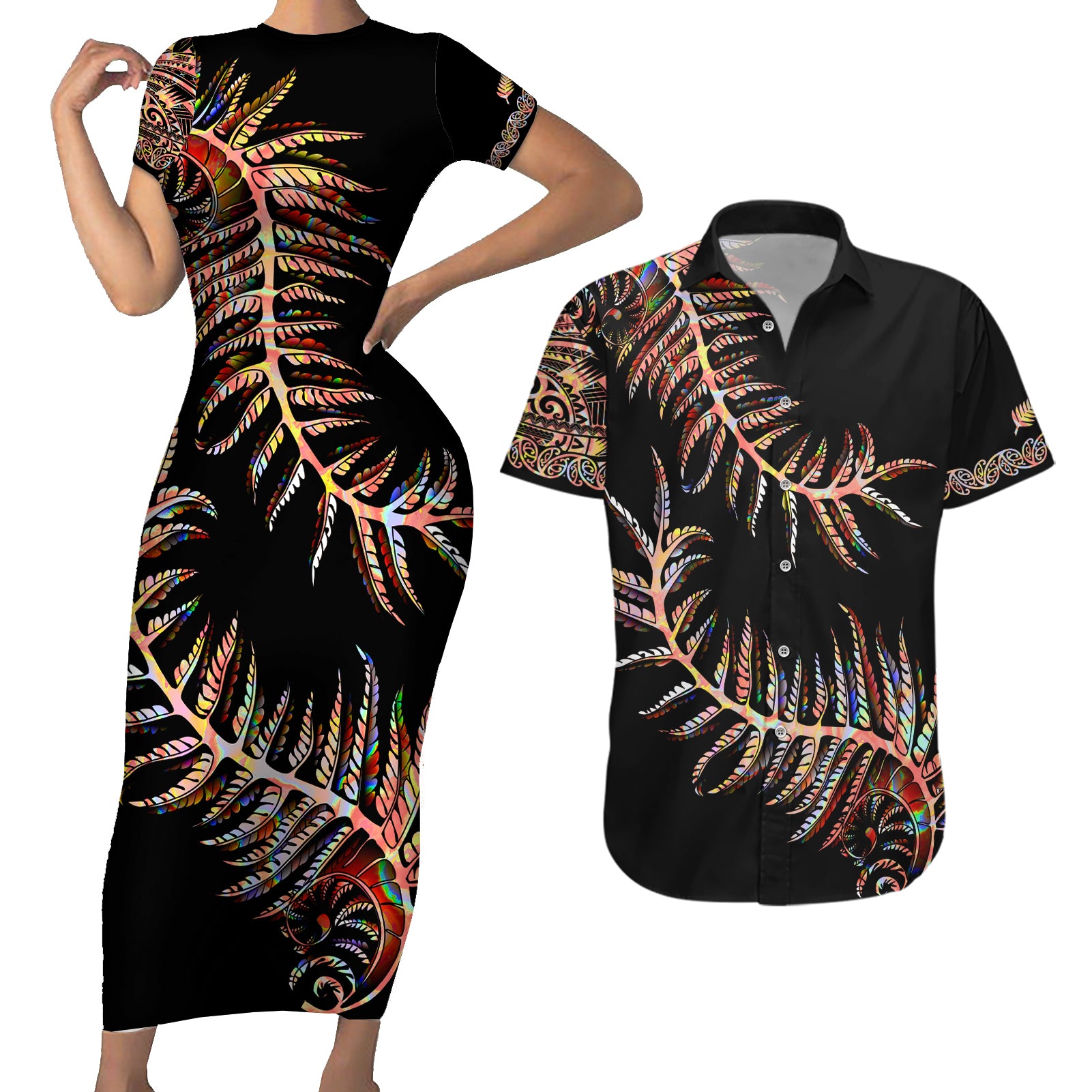 New Zealand Couples Matching Short Sleeve Bodycon Dress and Hawaiian Shirt Aotearoa Silver Fern Mixed Papua Shell Red Vibe LT9 - Wonder Print Shop