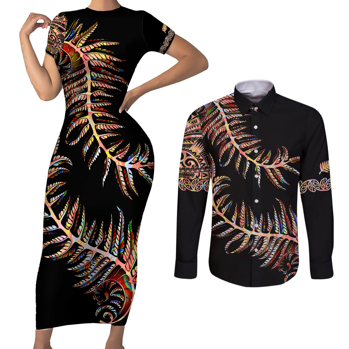 New Zealand Couples Matching Short Sleeve Bodycon Dress and Long Sleeve Button Shirt Aotearoa Silver Fern Mixed Papua Shell Red Vibe LT9 - Wonder Print Shop