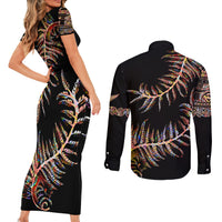 New Zealand Couples Matching Short Sleeve Bodycon Dress and Long Sleeve Button Shirt Aotearoa Silver Fern Mixed Papua Shell Red Vibe LT9 - Wonder Print Shop