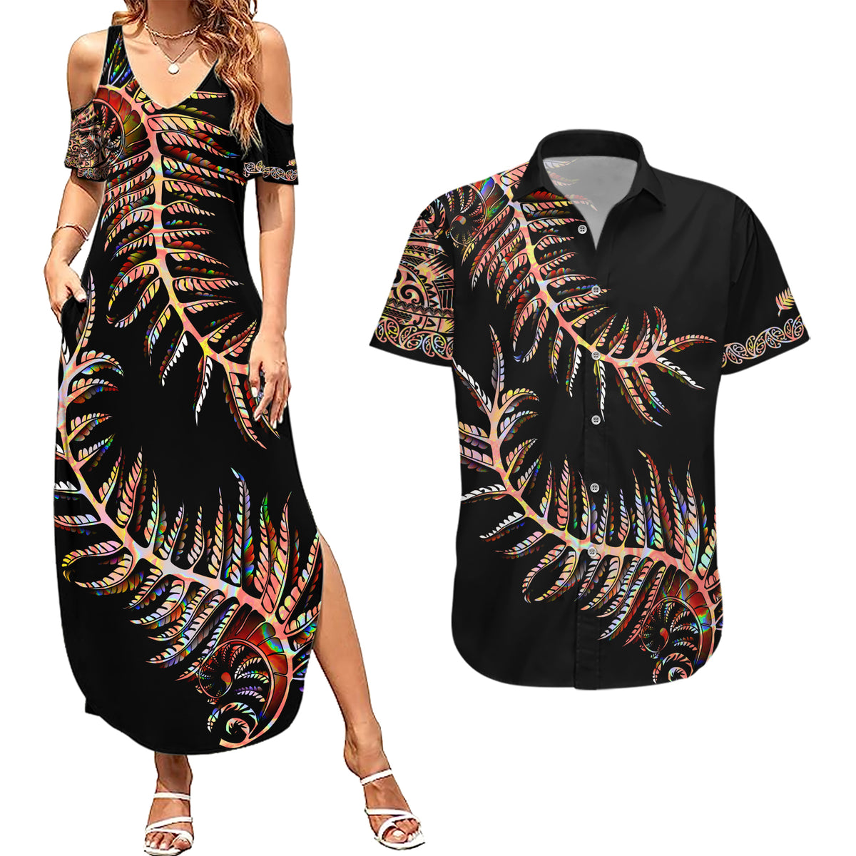 New Zealand Couples Matching Summer Maxi Dress and Hawaiian Shirt Aotearoa Silver Fern Mixed Papua Shell Red Vibe LT9 - Wonder Print Shop