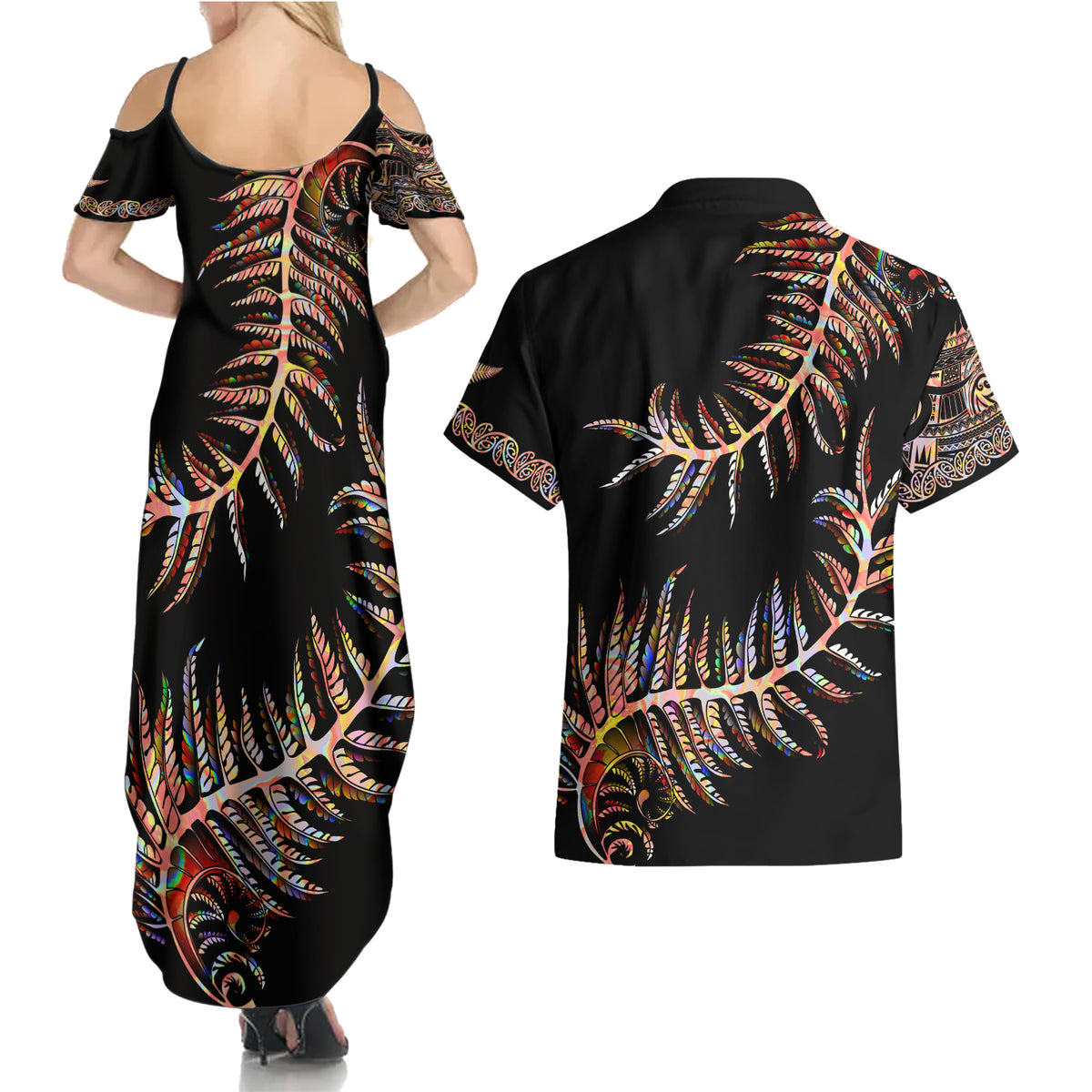 New Zealand Couples Matching Summer Maxi Dress and Hawaiian Shirt Aotearoa Silver Fern Mixed Papua Shell Red Vibe LT9 - Wonder Print Shop
