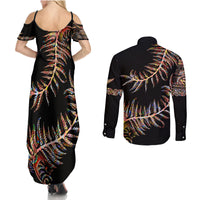 New Zealand Couples Matching Summer Maxi Dress and Long Sleeve Button Shirt Aotearoa Silver Fern Mixed Papua Shell Red Vibe LT9 - Wonder Print Shop