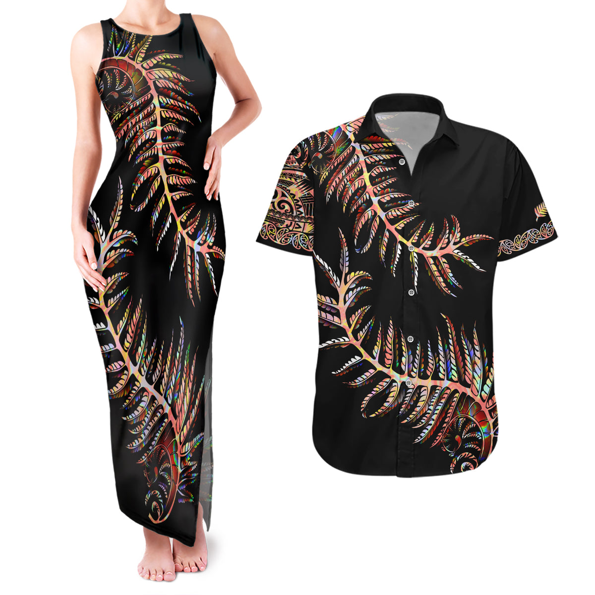 New Zealand Couples Matching Tank Maxi Dress and Hawaiian Shirt Aotearoa Silver Fern Mixed Papua Shell Red Vibe LT9 - Wonder Print Shop