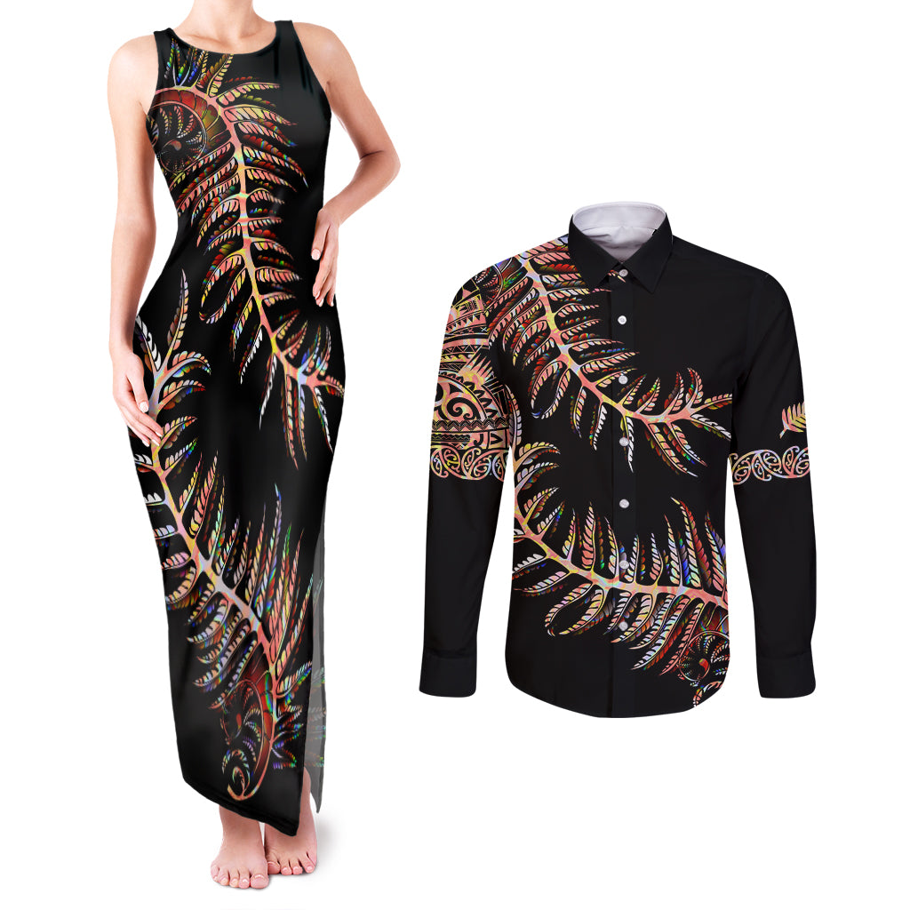 New Zealand Couples Matching Tank Maxi Dress and Long Sleeve Button Shirt Aotearoa Silver Fern Mixed Papua Shell Red Vibe LT9 - Wonder Print Shop