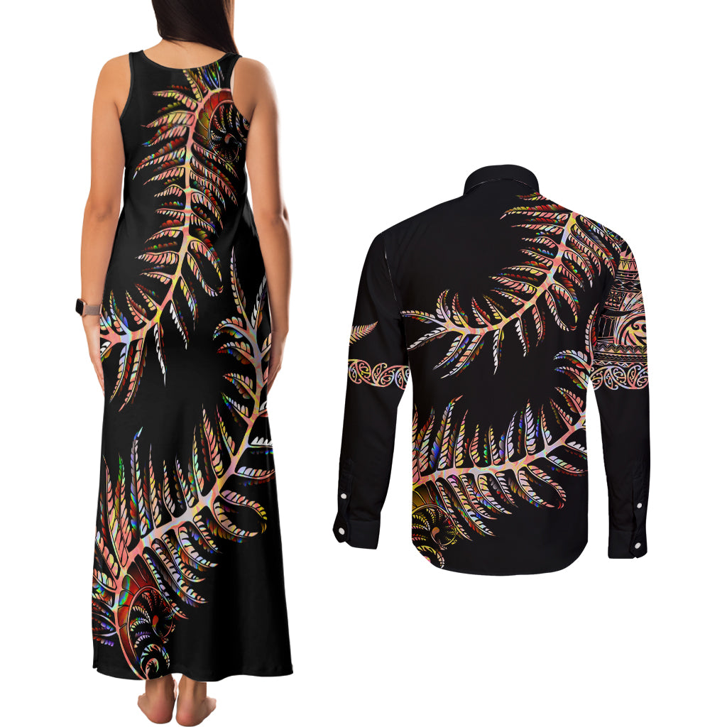 New Zealand Couples Matching Tank Maxi Dress and Long Sleeve Button Shirt Aotearoa Silver Fern Mixed Papua Shell Red Vibe LT9 - Wonder Print Shop