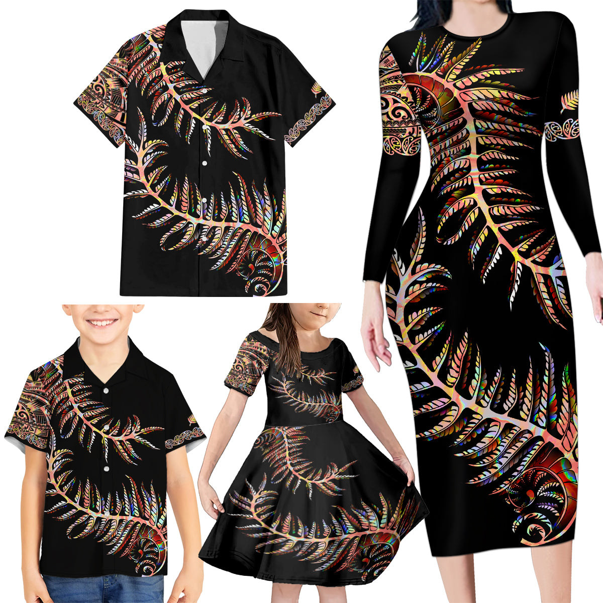 New Zealand Family Matching Long Sleeve Bodycon Dress and Hawaiian Shirt Aotearoa Silver Fern Mixed Papua Shell Red Vibe LT9 - Wonder Print Shop