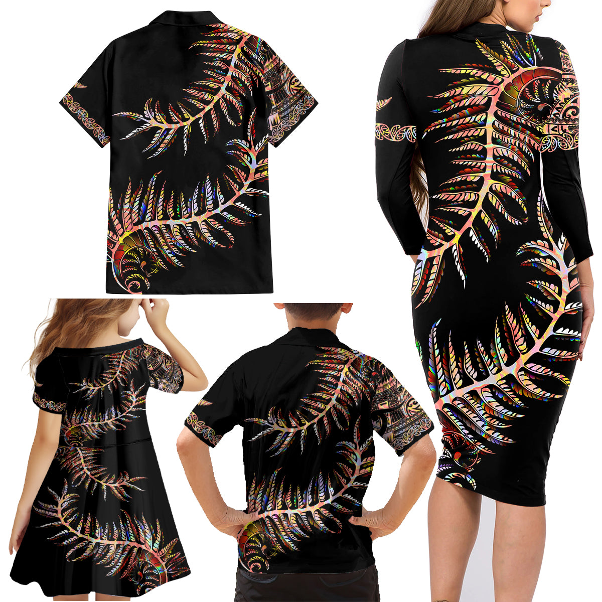 New Zealand Family Matching Long Sleeve Bodycon Dress and Hawaiian Shirt Aotearoa Silver Fern Mixed Papua Shell Red Vibe LT9 - Wonder Print Shop