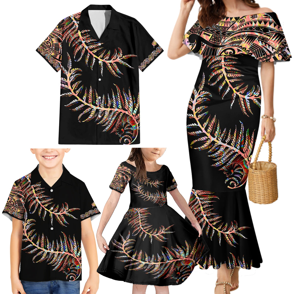 New Zealand Family Matching Mermaid Dress and Hawaiian Shirt Aotearoa Silver Fern Mixed Papua Shell Red Vibe LT9 - Wonder Print Shop