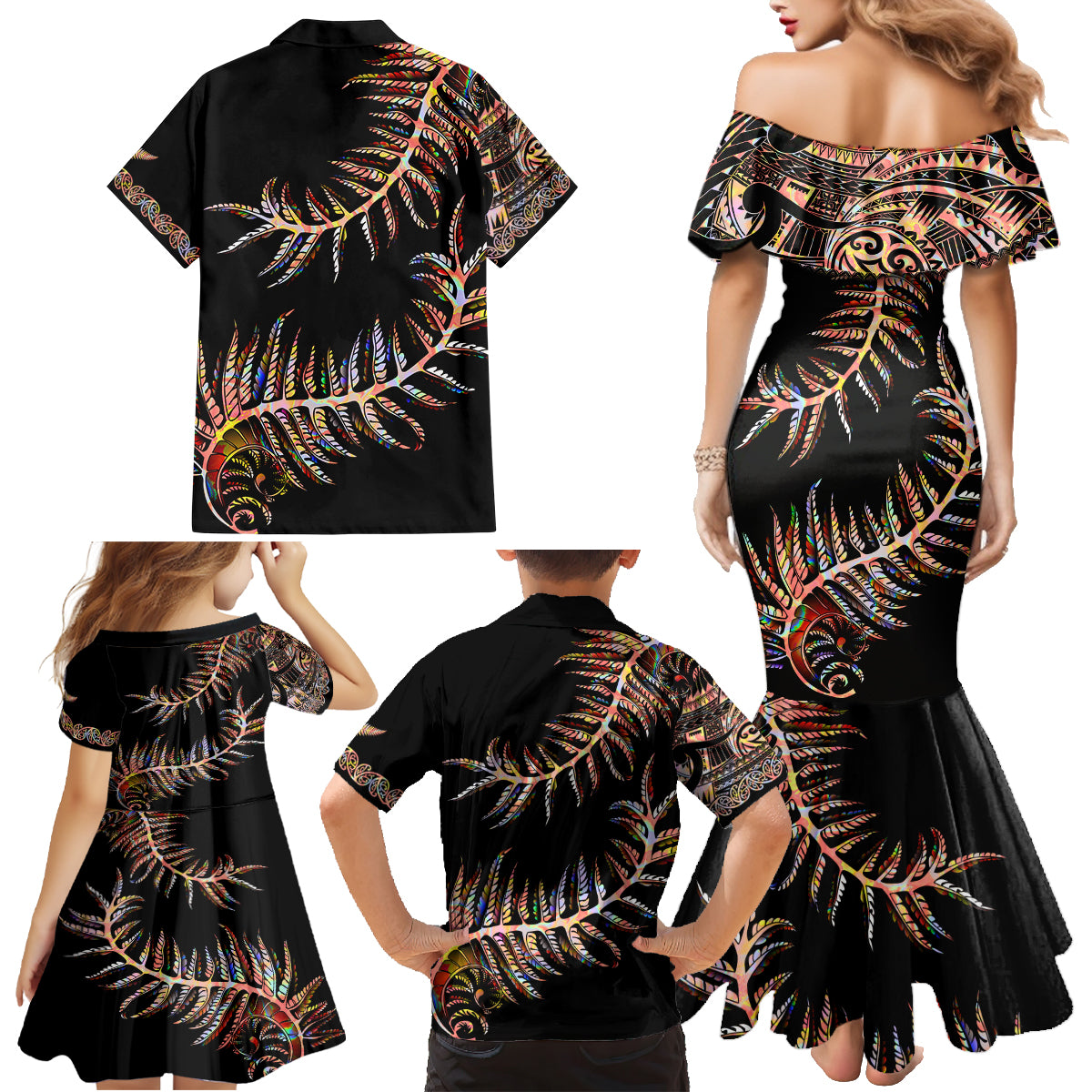 New Zealand Family Matching Mermaid Dress and Hawaiian Shirt Aotearoa Silver Fern Mixed Papua Shell Red Vibe LT9 - Wonder Print Shop