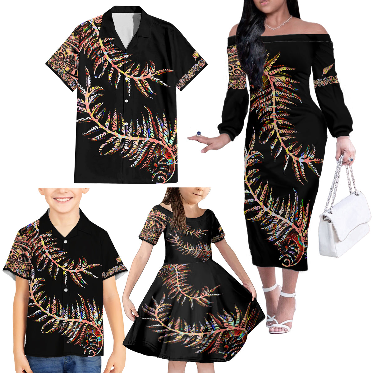 New Zealand Family Matching Off Shoulder Long Sleeve Dress and Hawaiian Shirt Aotearoa Silver Fern Mixed Papua Shell Red Vibe - Wonder Print Shop