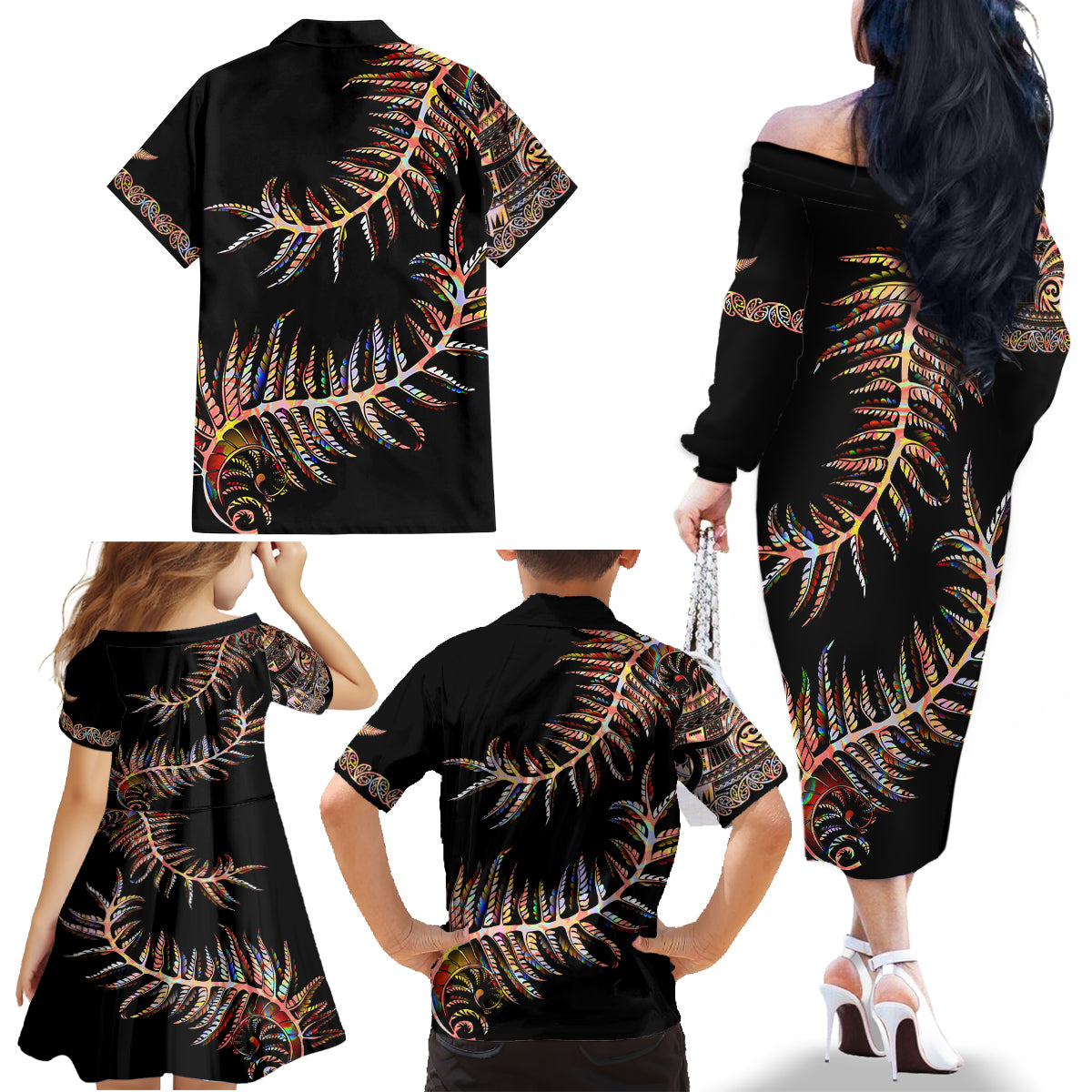 New Zealand Family Matching Off Shoulder Long Sleeve Dress and Hawaiian Shirt Aotearoa Silver Fern Mixed Papua Shell Red Vibe - Wonder Print Shop