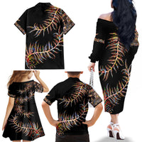 New Zealand Family Matching Off Shoulder Long Sleeve Dress and Hawaiian Shirt Aotearoa Silver Fern Mixed Papua Shell Red Vibe - Wonder Print Shop