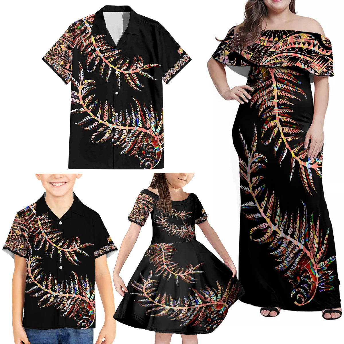 New Zealand Family Matching Off Shoulder Maxi Dress and Hawaiian Shirt Aotearoa Silver Fern Mixed Papua Shell Red Vibe LT9 - Wonder Print Shop
