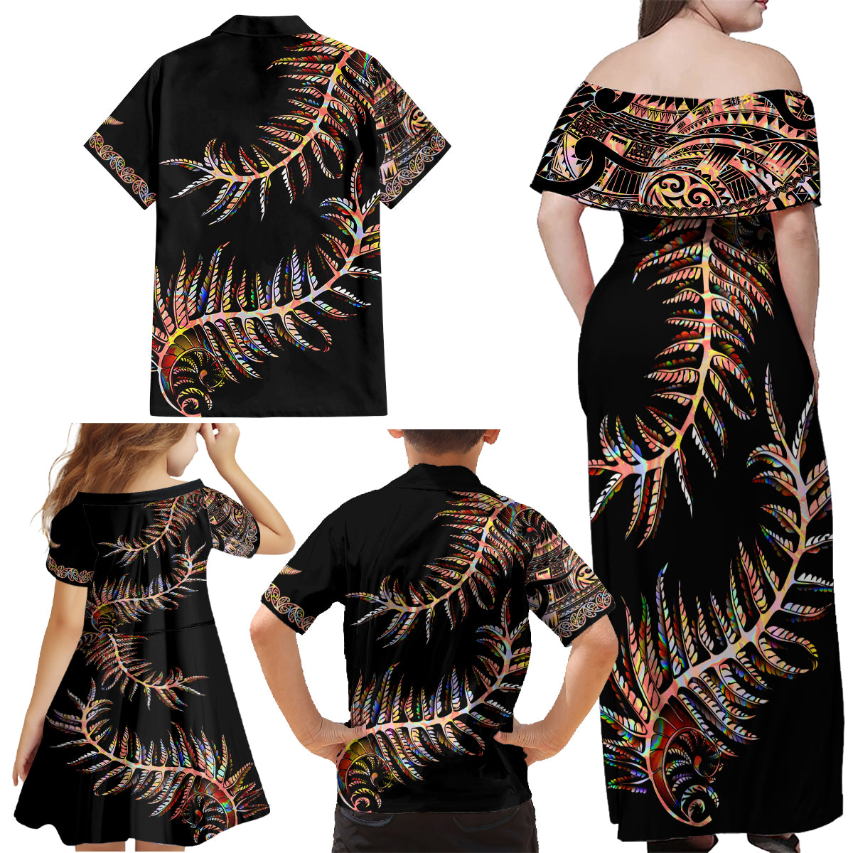 New Zealand Family Matching Off Shoulder Maxi Dress and Hawaiian Shirt Aotearoa Silver Fern Mixed Papua Shell Red Vibe LT9 - Wonder Print Shop