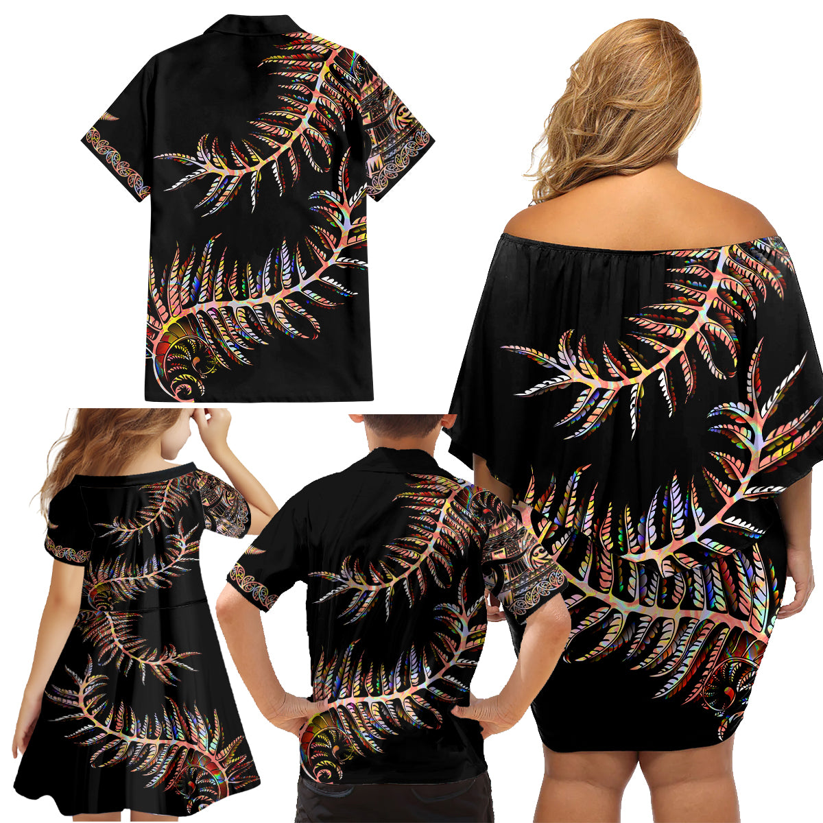 New Zealand Family Matching Off Shoulder Short Dress and Hawaiian Shirt Aotearoa Silver Fern Mixed Papua Shell Red Vibe LT9 - Wonder Print Shop