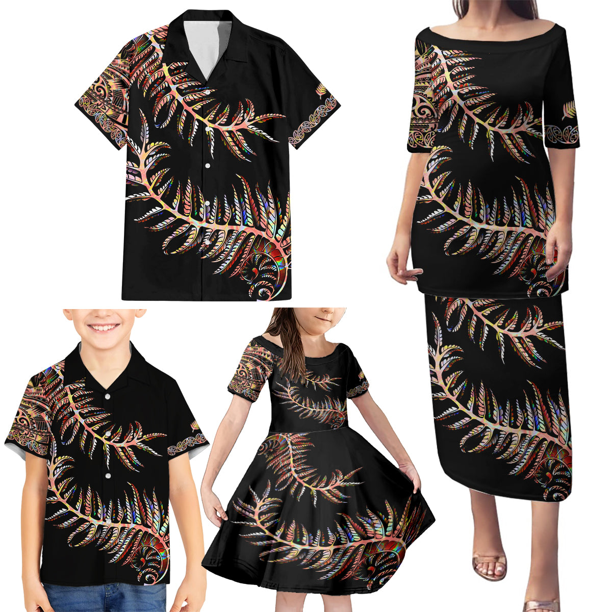 New Zealand Family Matching Puletasi Dress and Hawaiian Shirt Aotearoa Silver Fern Mixed Papua Shell Red Vibe - Wonder Print Shop