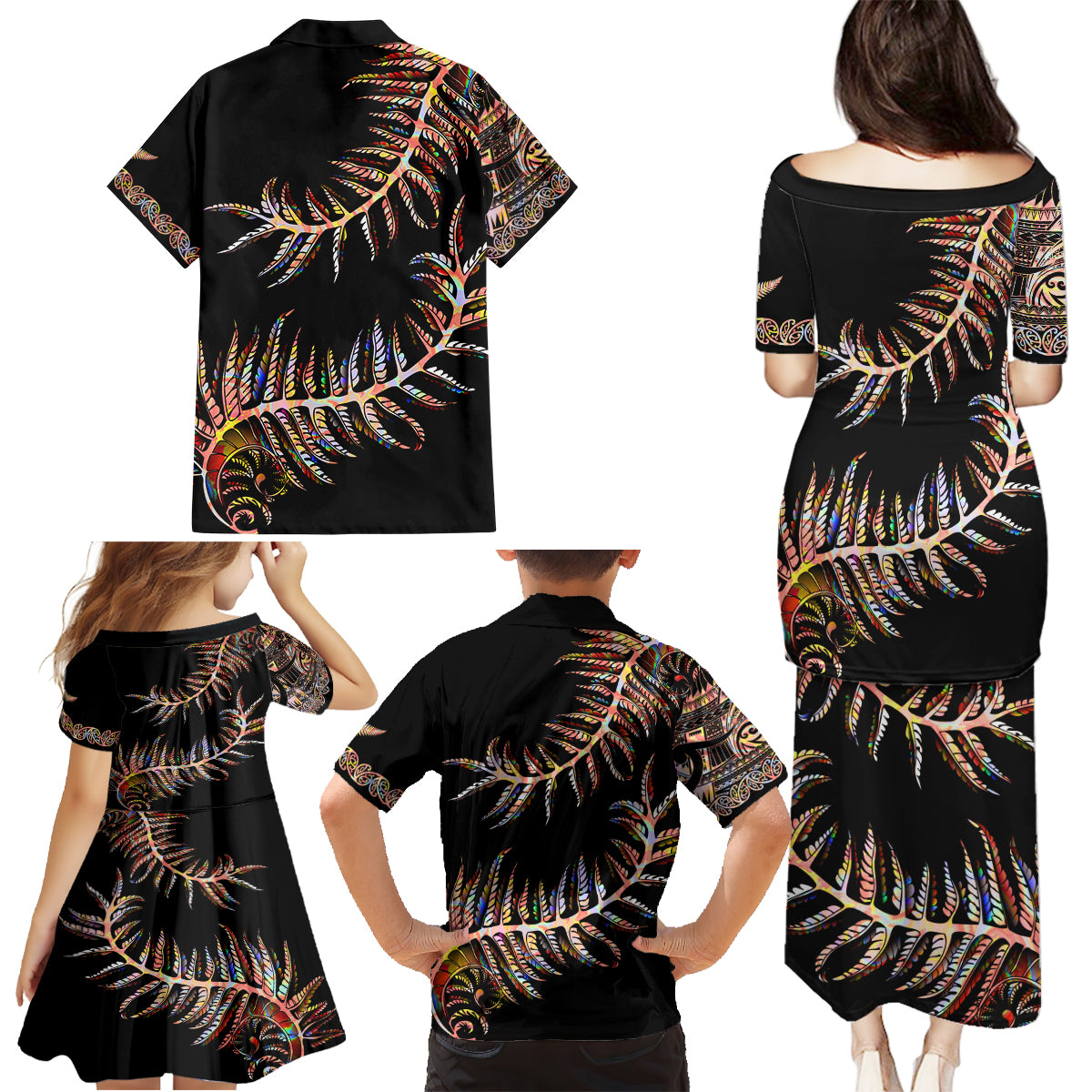 New Zealand Family Matching Puletasi Dress and Hawaiian Shirt Aotearoa Silver Fern Mixed Papua Shell Red Vibe - Wonder Print Shop