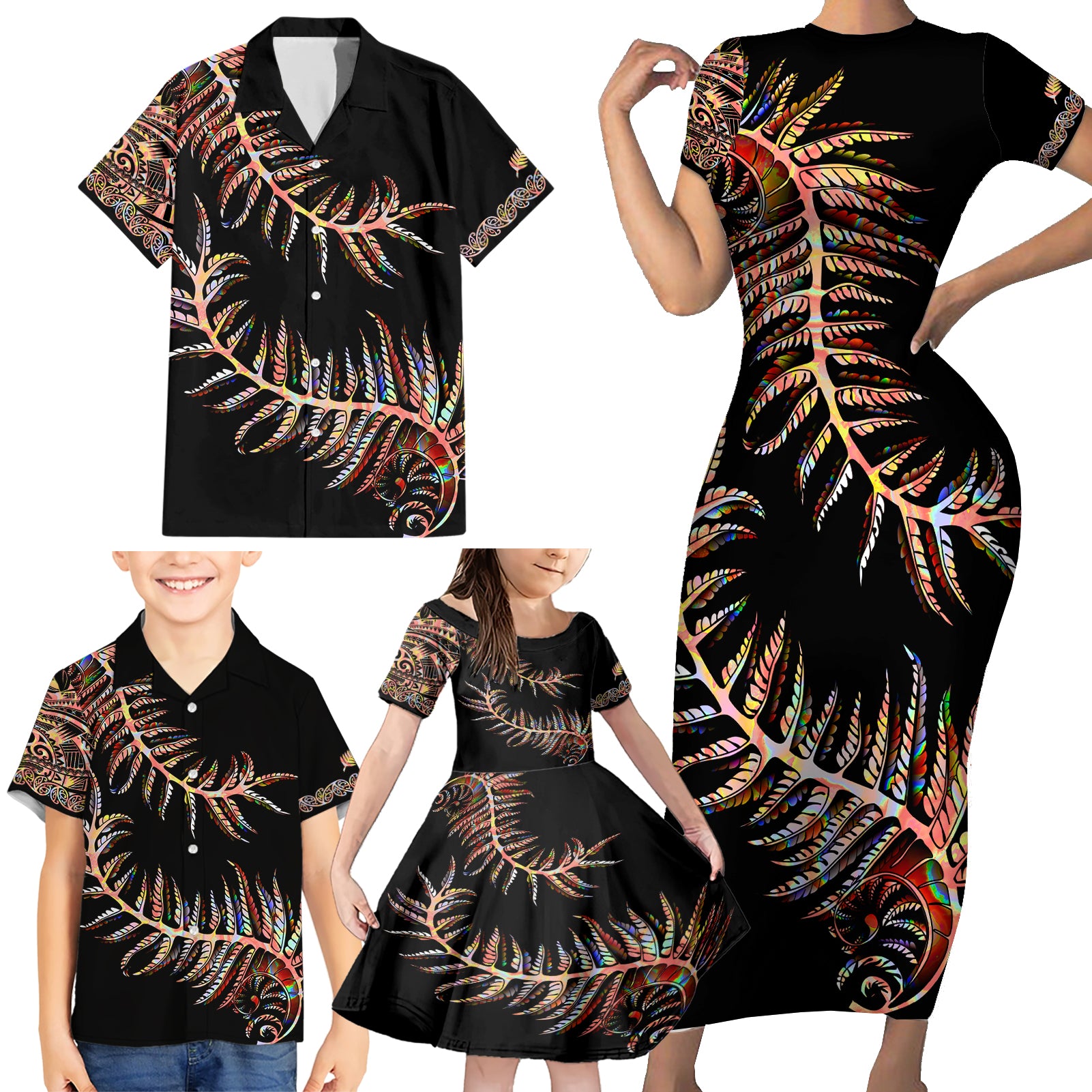 New Zealand Family Matching Short Sleeve Bodycon Dress and Hawaiian Shirt Aotearoa Silver Fern Mixed Papua Shell Red Vibe - Wonder Print Shop