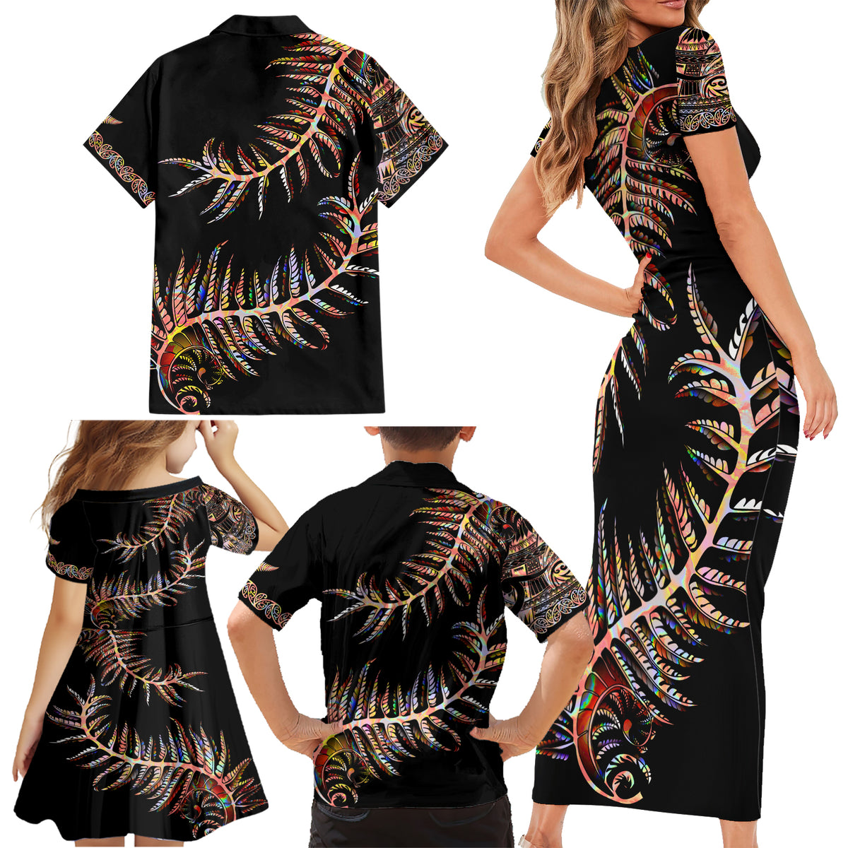 New Zealand Family Matching Short Sleeve Bodycon Dress and Hawaiian Shirt Aotearoa Silver Fern Mixed Papua Shell Red Vibe - Wonder Print Shop