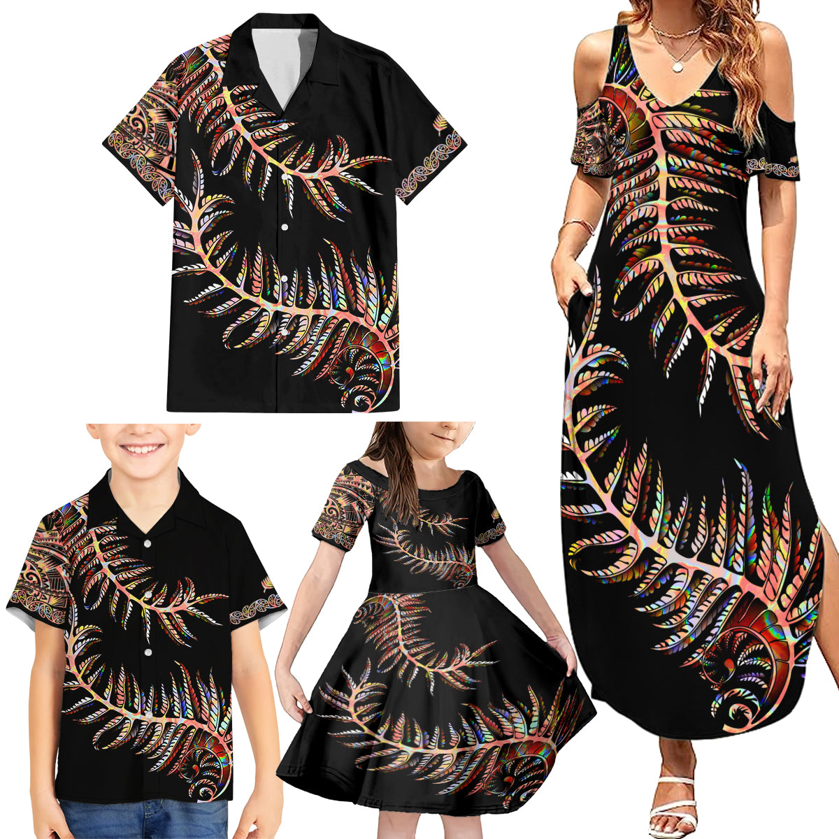 New Zealand Family Matching Summer Maxi Dress and Hawaiian Shirt Aotearoa Silver Fern Mixed Papua Shell Red Vibe - Wonder Print Shop