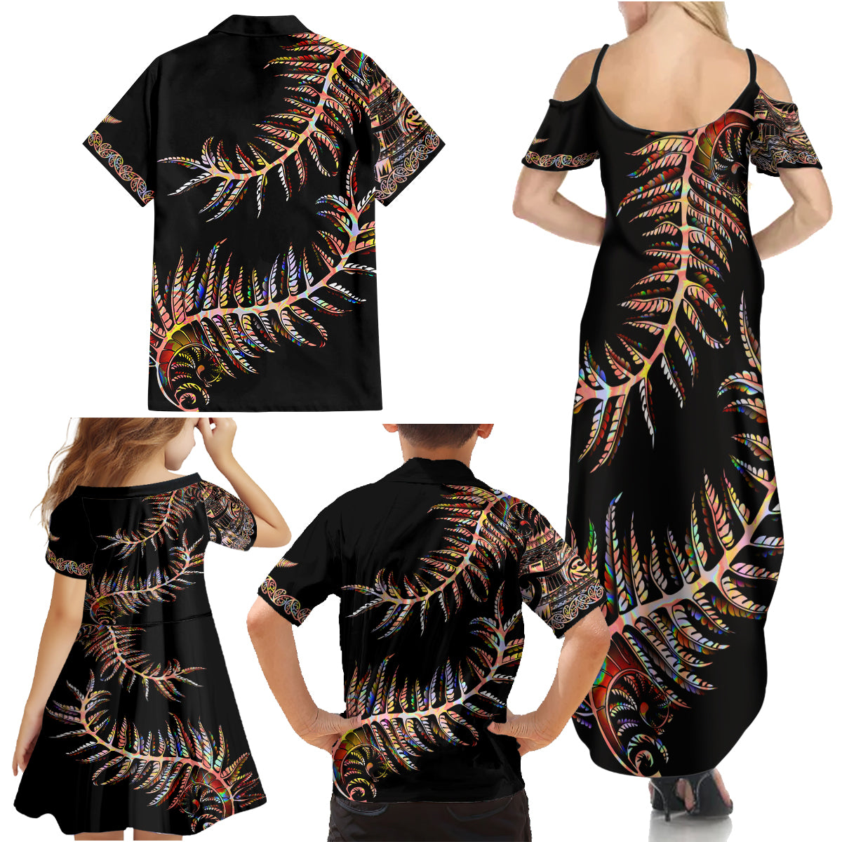 New Zealand Family Matching Summer Maxi Dress and Hawaiian Shirt Aotearoa Silver Fern Mixed Papua Shell Red Vibe - Wonder Print Shop