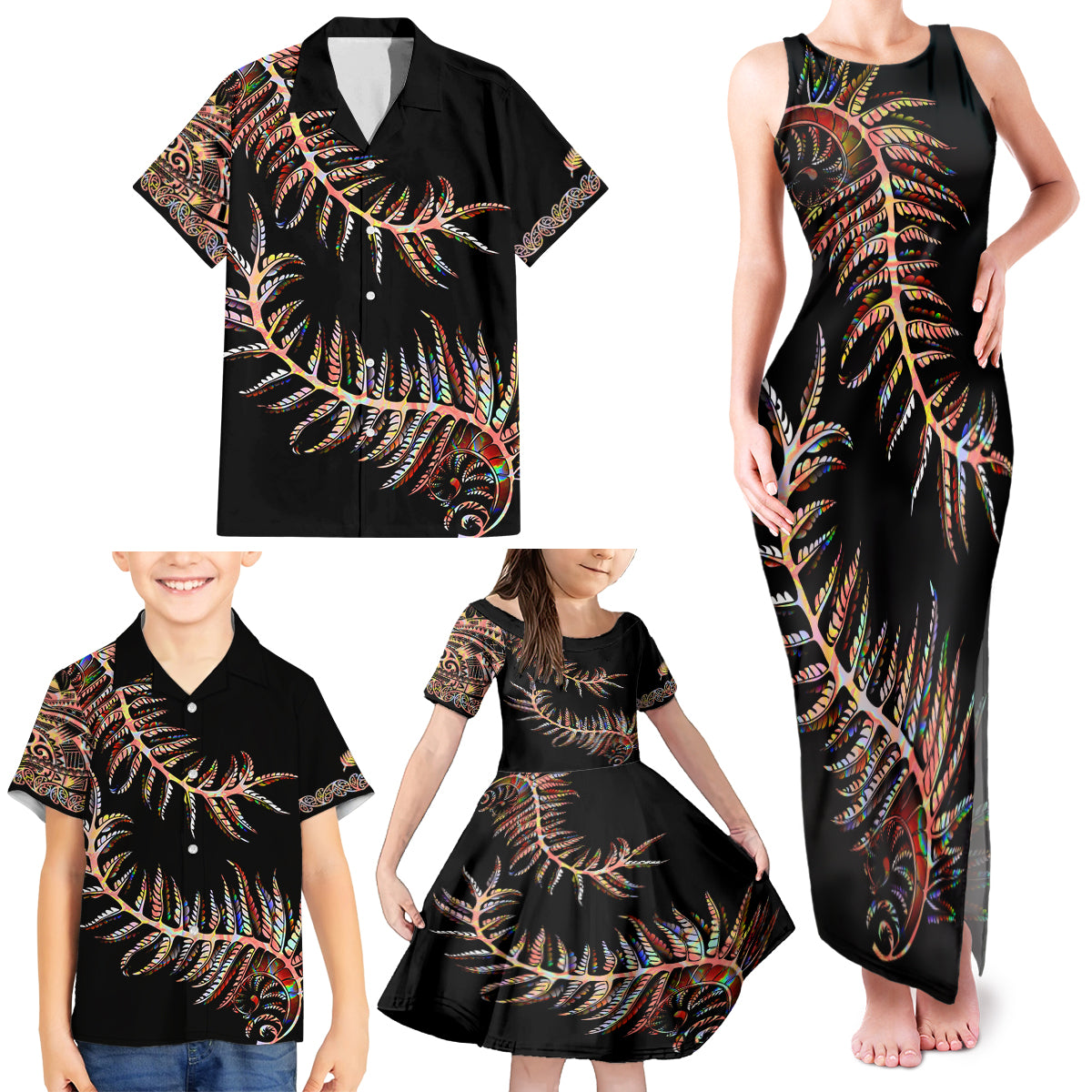 New Zealand Family Matching Tank Maxi Dress and Hawaiian Shirt Aotearoa Silver Fern Mixed Papua Shell Red Vibe - Wonder Print Shop