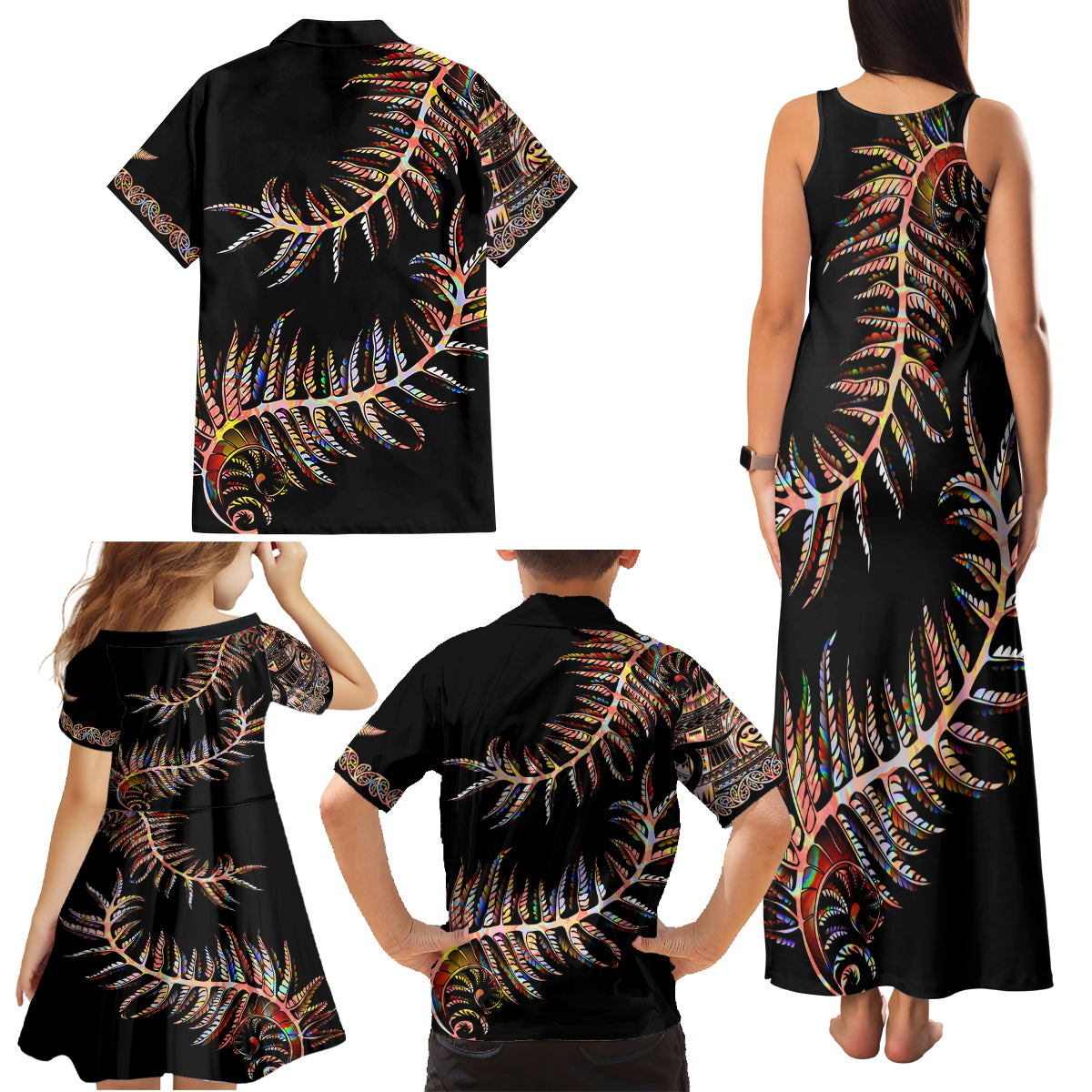 New Zealand Family Matching Tank Maxi Dress and Hawaiian Shirt Aotearoa Silver Fern Mixed Papua Shell Red Vibe - Wonder Print Shop