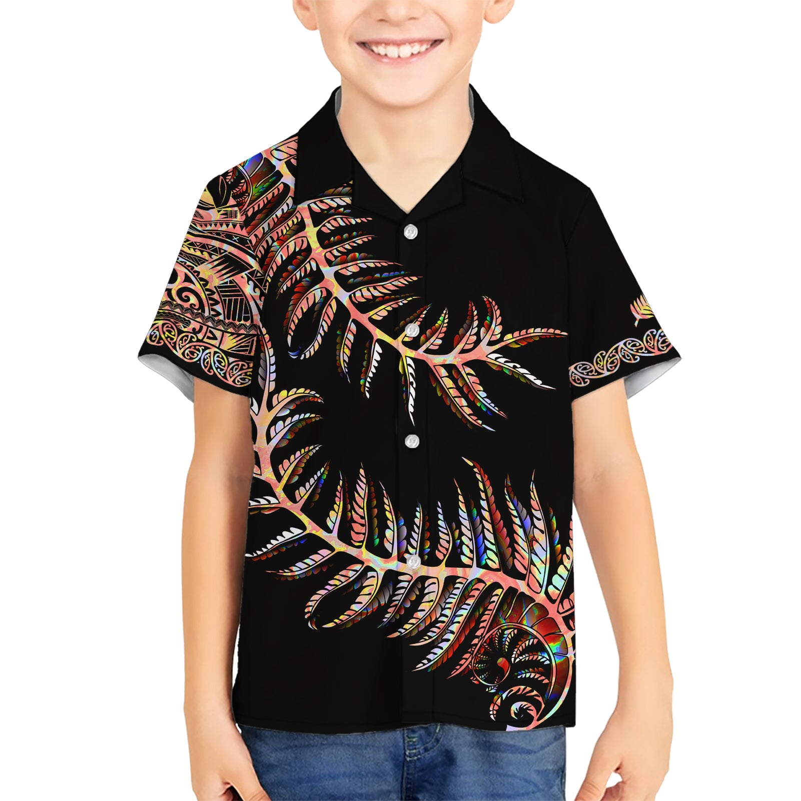 New Zealand Kid Hawaiian Shirt Aotearoa Silver Fern Mixed Papua Shell Red Vibe - Wonder Print Shop
