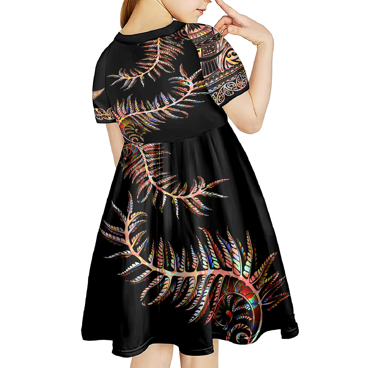 New Zealand Kid Short Sleeve Dress Aotearoa Silver Fern Mixed Papua Shell Red Vibe - Wonder Print Shop