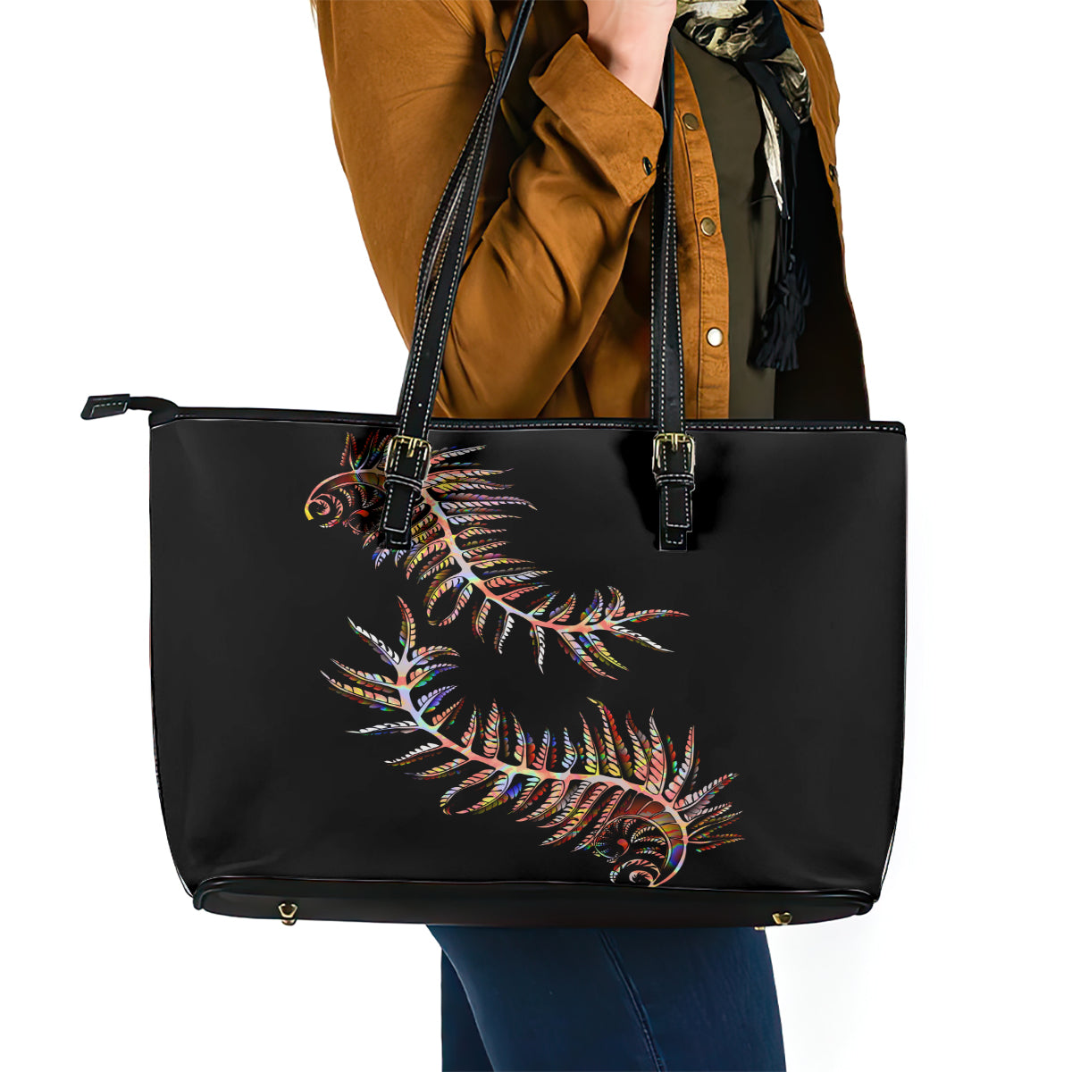 New Zealand Leather Tote Bag Aotearoa Silver Fern Mixed Papua Shell Red Vibe - Wonder Print Shop