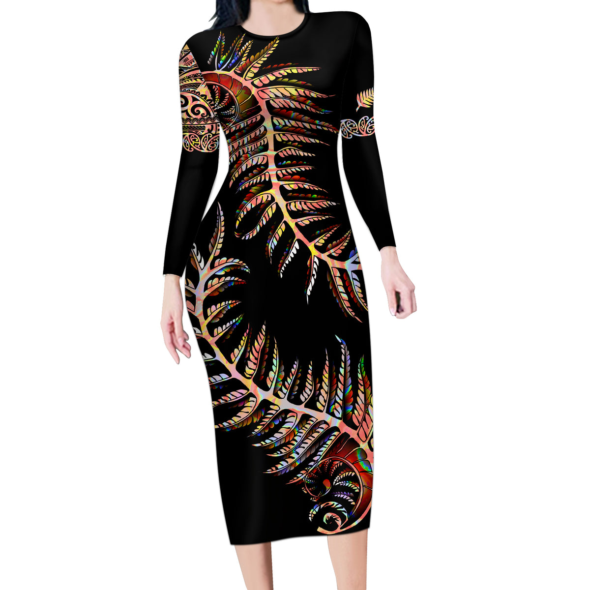 New Zealand Long Sleeve Bodycon Dress Aotearoa Silver Fern Mixed Papua Shell Red Vibe - Wonder Print Shop