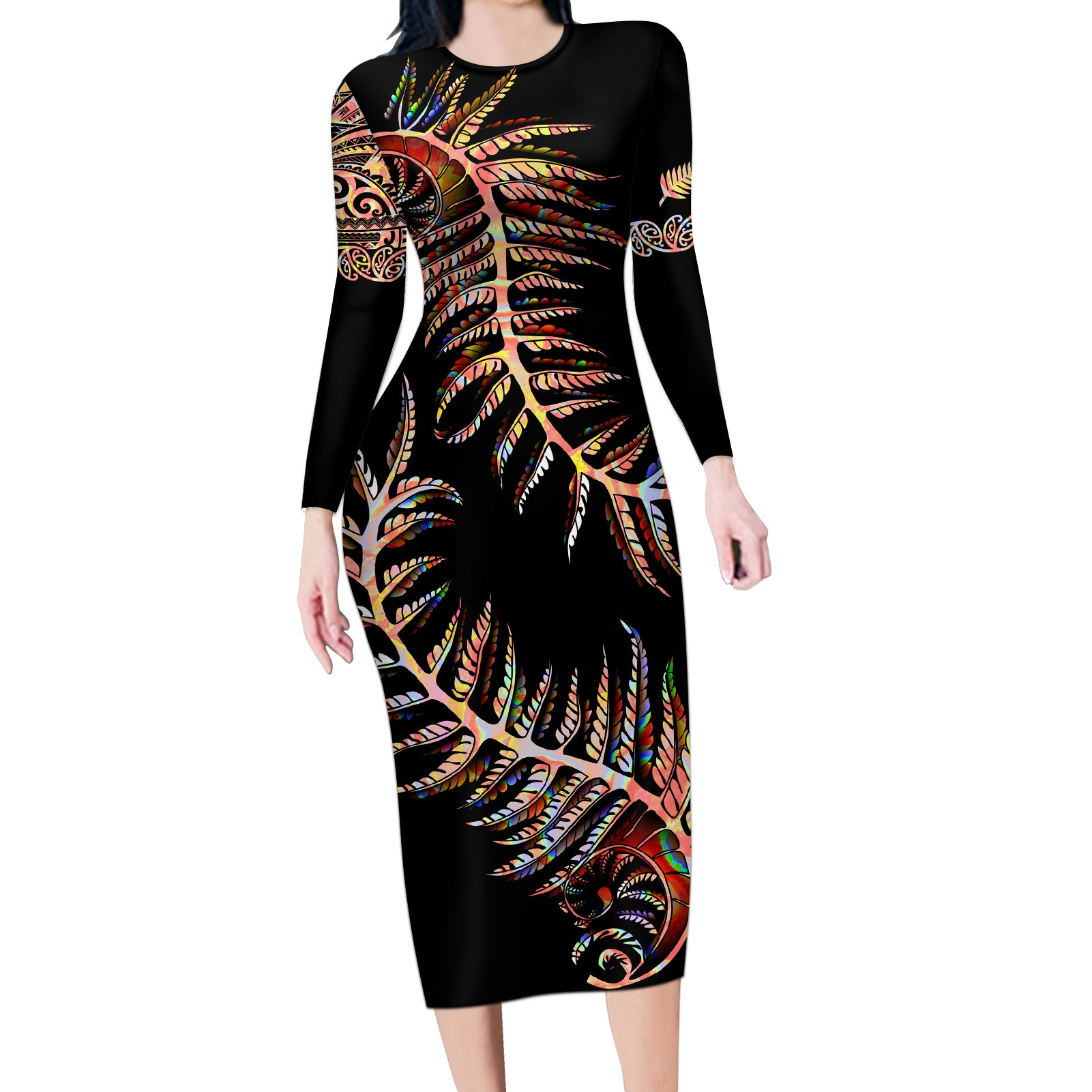 New Zealand Long Sleeve Bodycon Dress Aotearoa Silver Fern Mixed Papua Shell Red Vibe - Wonder Print Shop