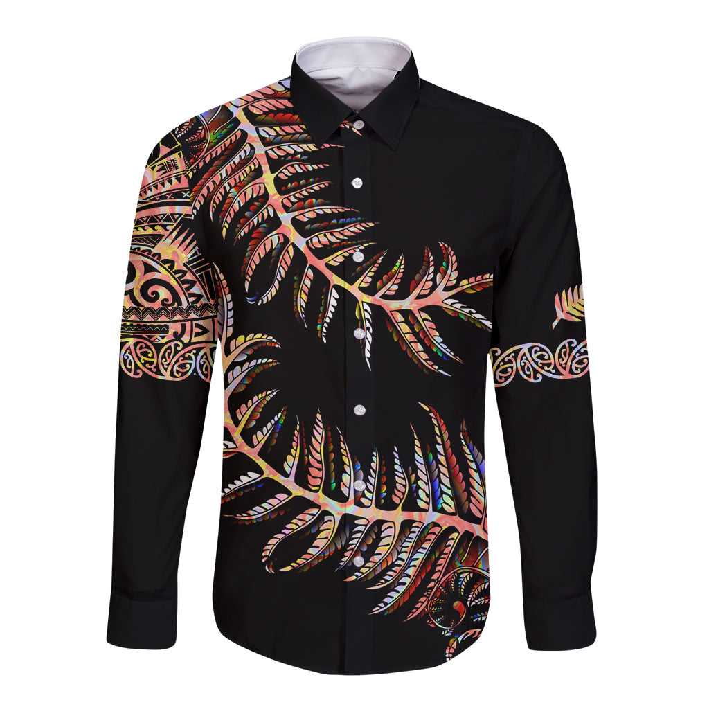 New Zealand Long Sleeve Button Shirt Aotearoa Silver Fern Mixed Papua Shell Red Vibe - Wonder Print Shop