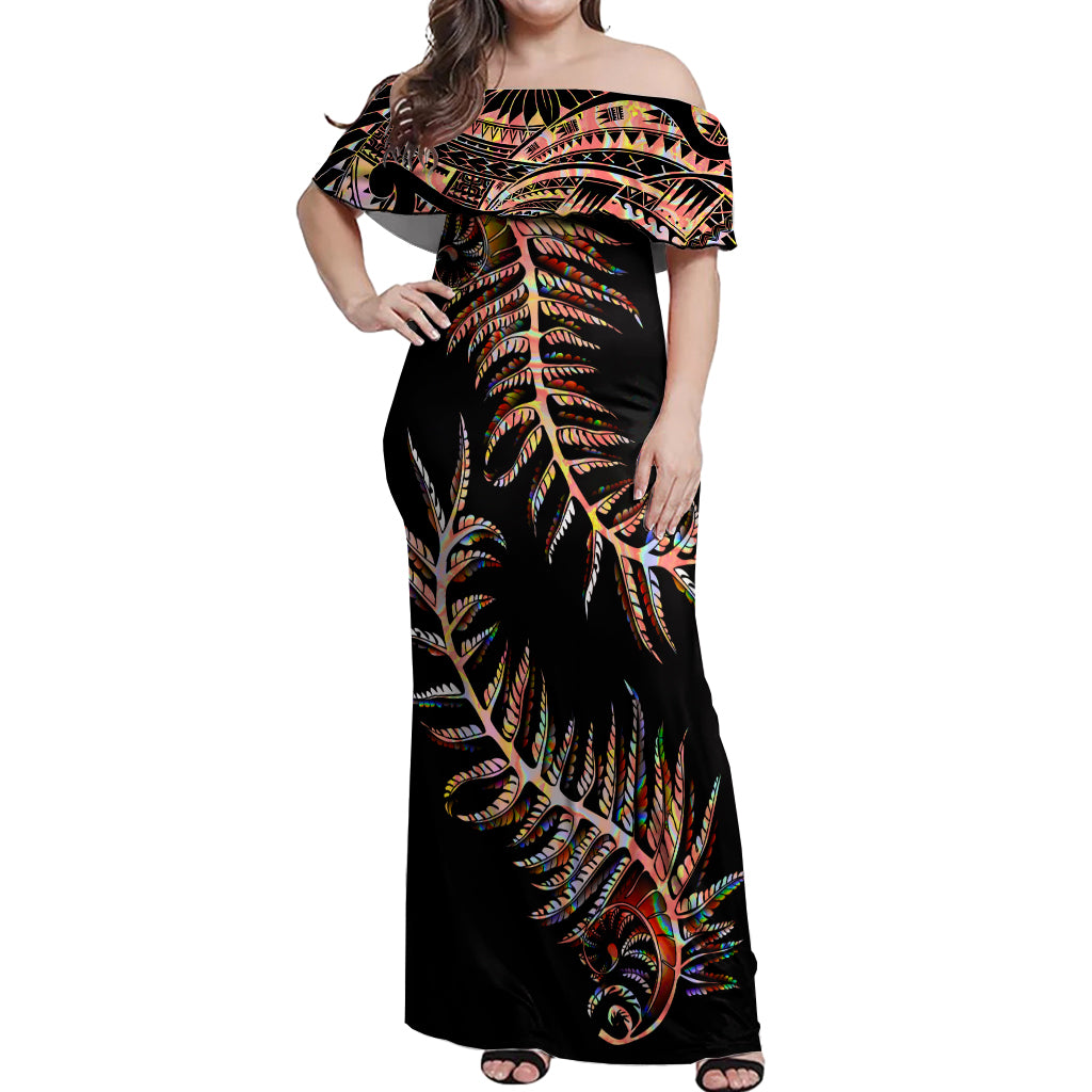 New Zealand Off Shoulder Maxi Dress Aotearoa Silver Fern Mixed Papua Shell Red Vibe - Wonder Print Shop