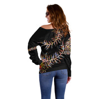 New Zealand Off Shoulder Sweater Aotearoa Silver Fern Mixed Papua Shell Red Vibe - Wonder Print Shop