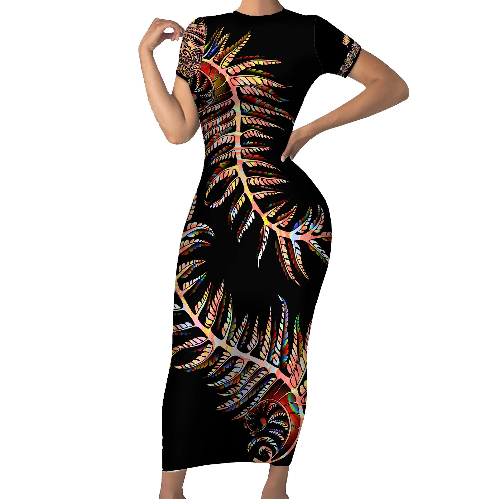 New Zealand Short Sleeve Bodycon Dress Aotearoa Silver Fern Mixed Papua Shell Red Vibe - Wonder Print Shop