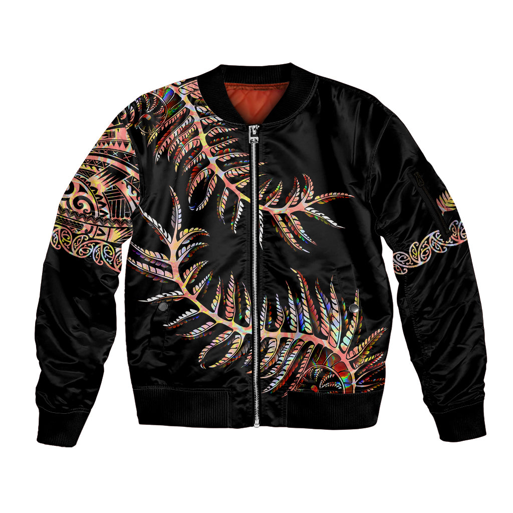 New Zealand Sleeve Zip Bomber Jacket Aotearoa Silver Fern Mixed Papua Shell Red Vibe - Wonder Print Shop