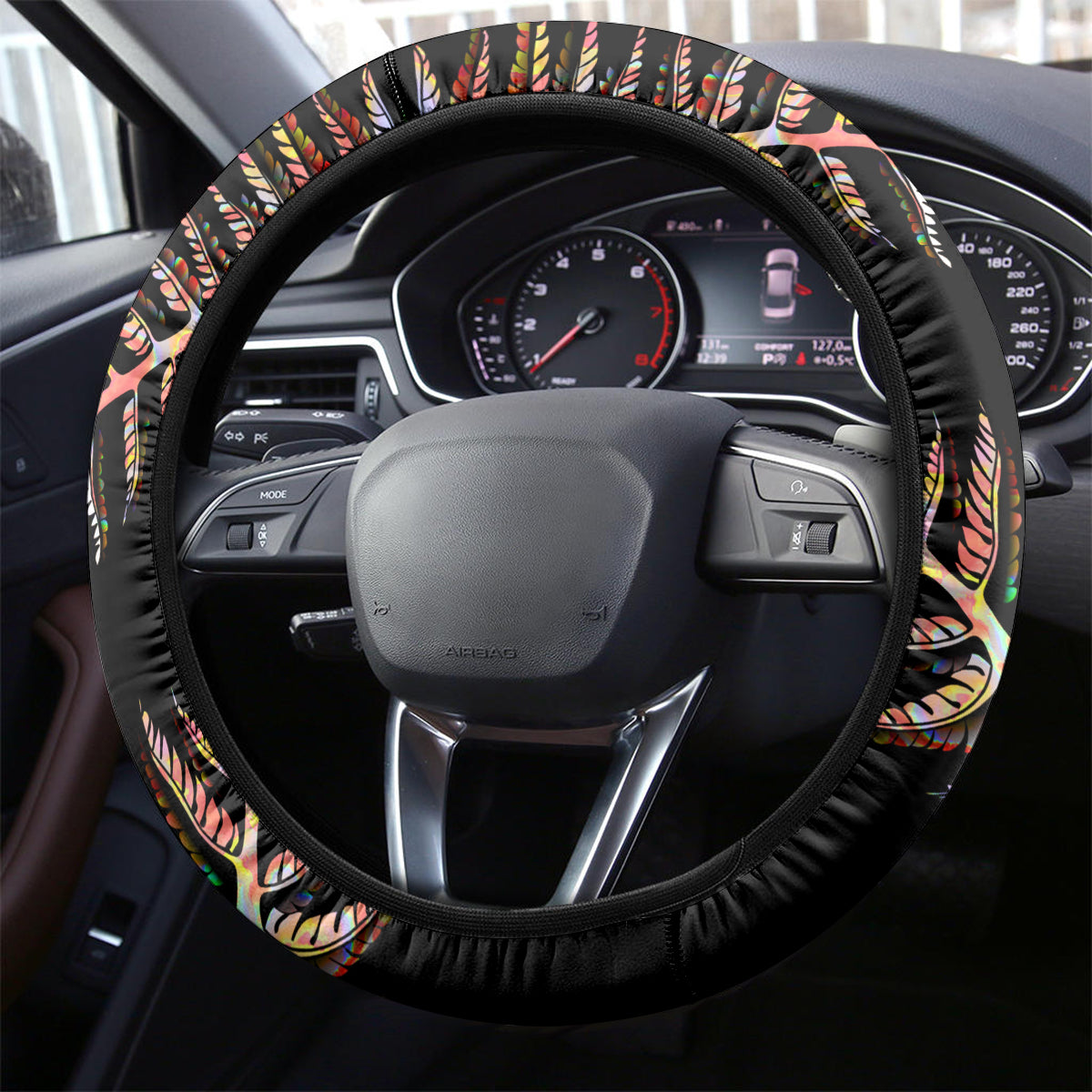 New Zealand Steering Wheel Cover Aotearoa Silver Fern Mixed Papua Shell Red Vibe - Wonder Print Shop