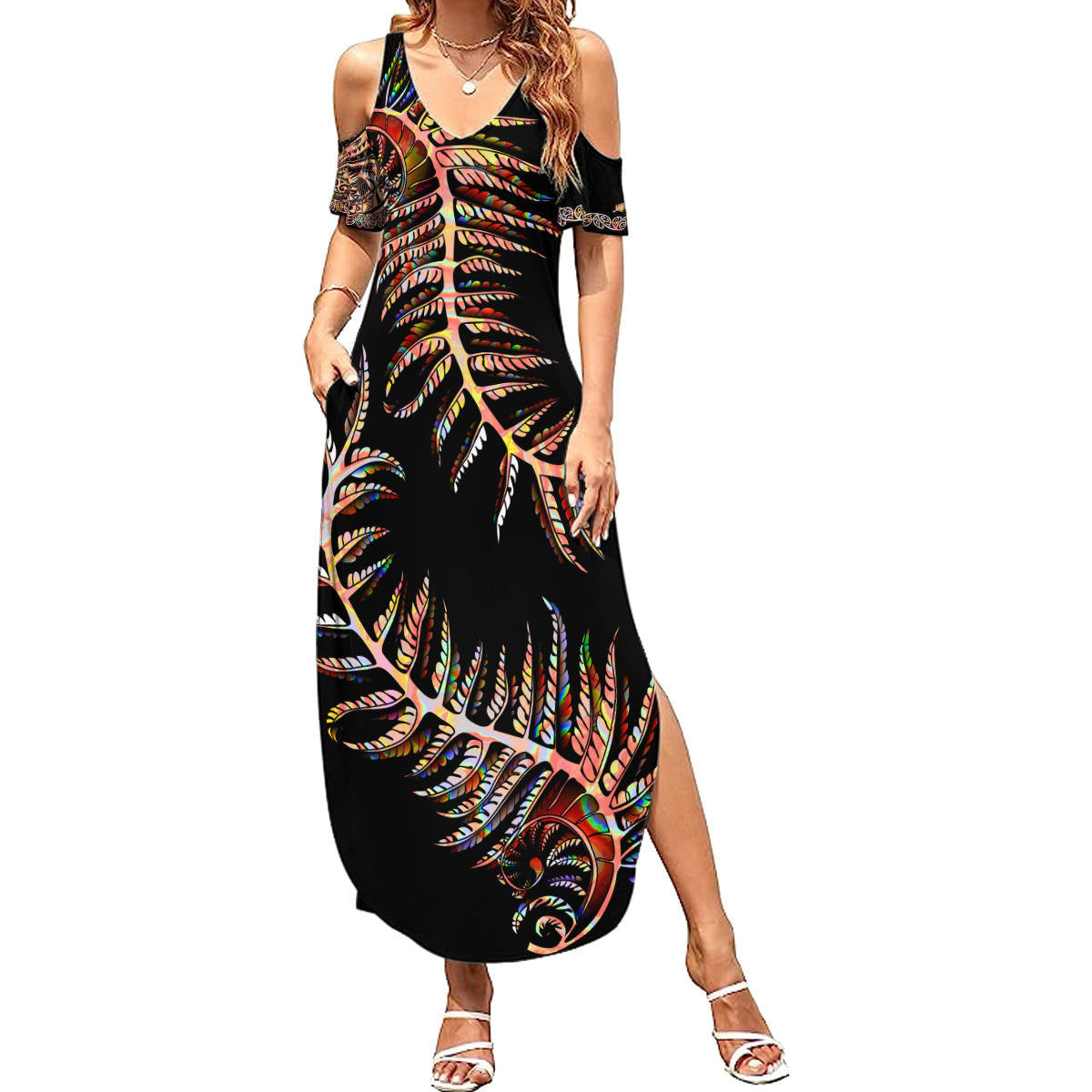 New Zealand Summer Maxi Dress Aotearoa Silver Fern Mixed Papua Shell Red Vibe - Wonder Print Shop