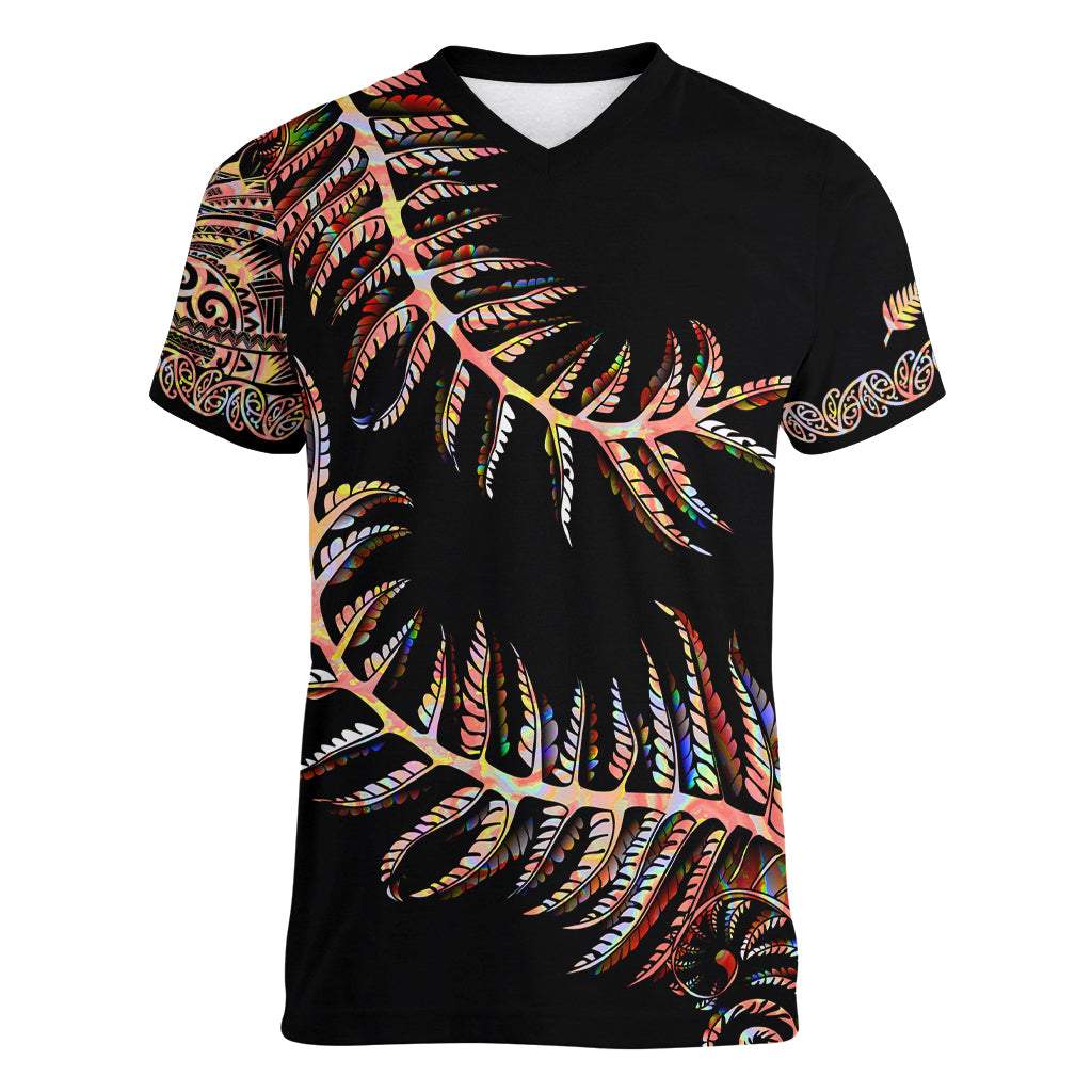 New Zealand Women V Neck T Shirt Aotearoa Silver Fern Mixed Papua Shell Red Vibe - Wonder Print Shop