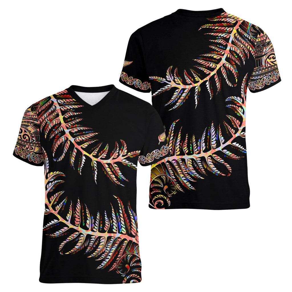 New Zealand Women V Neck T Shirt Aotearoa Silver Fern Mixed Papua Shell Red Vibe - Wonder Print Shop